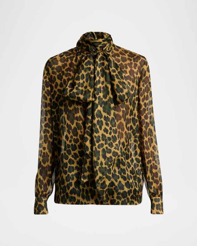 Leopard Silk Chiffon Bow-Neck Blouse